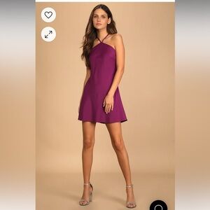 NWT Lulu’s Rooftop Party Purple Satin Halter Mini Dress
